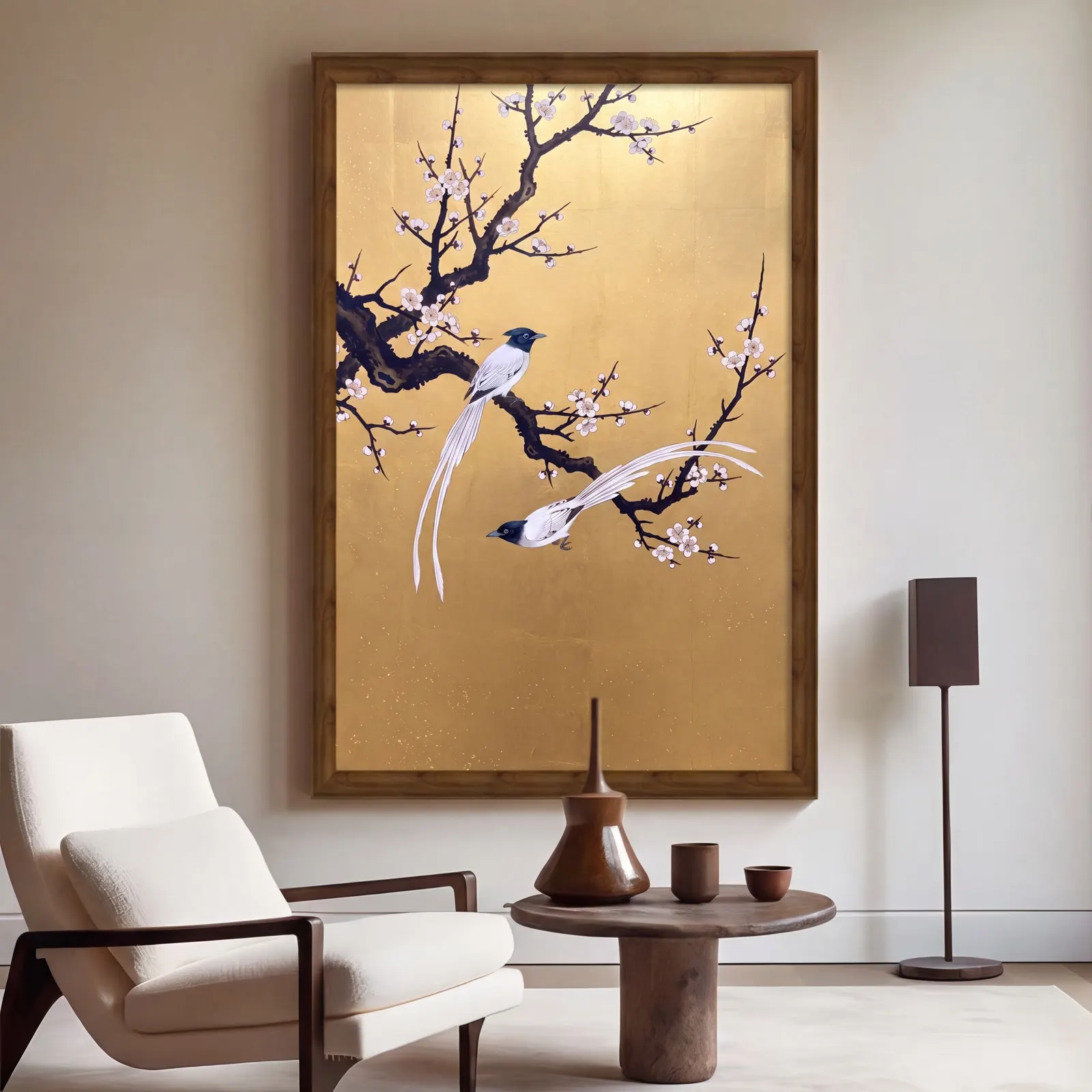First Light, a Song-tradition painting of two paradise flycatchers on a blossoming plum branch over a gold-leaf ground