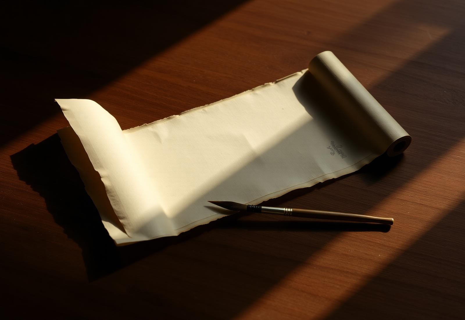 An aged rice paper scroll and an ink brush resting on a walnut table in warm daylight